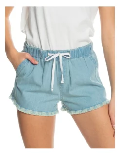 Cheap 🌟 Roxy Vintage Rainbow Mid Elasticated Denim Shorts In Blue 😀