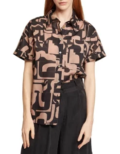 Wholesale 🎁 Oxford Jasmine Geo Print Voile Short Sleeve 👚 Shirt In Mocha ⭐